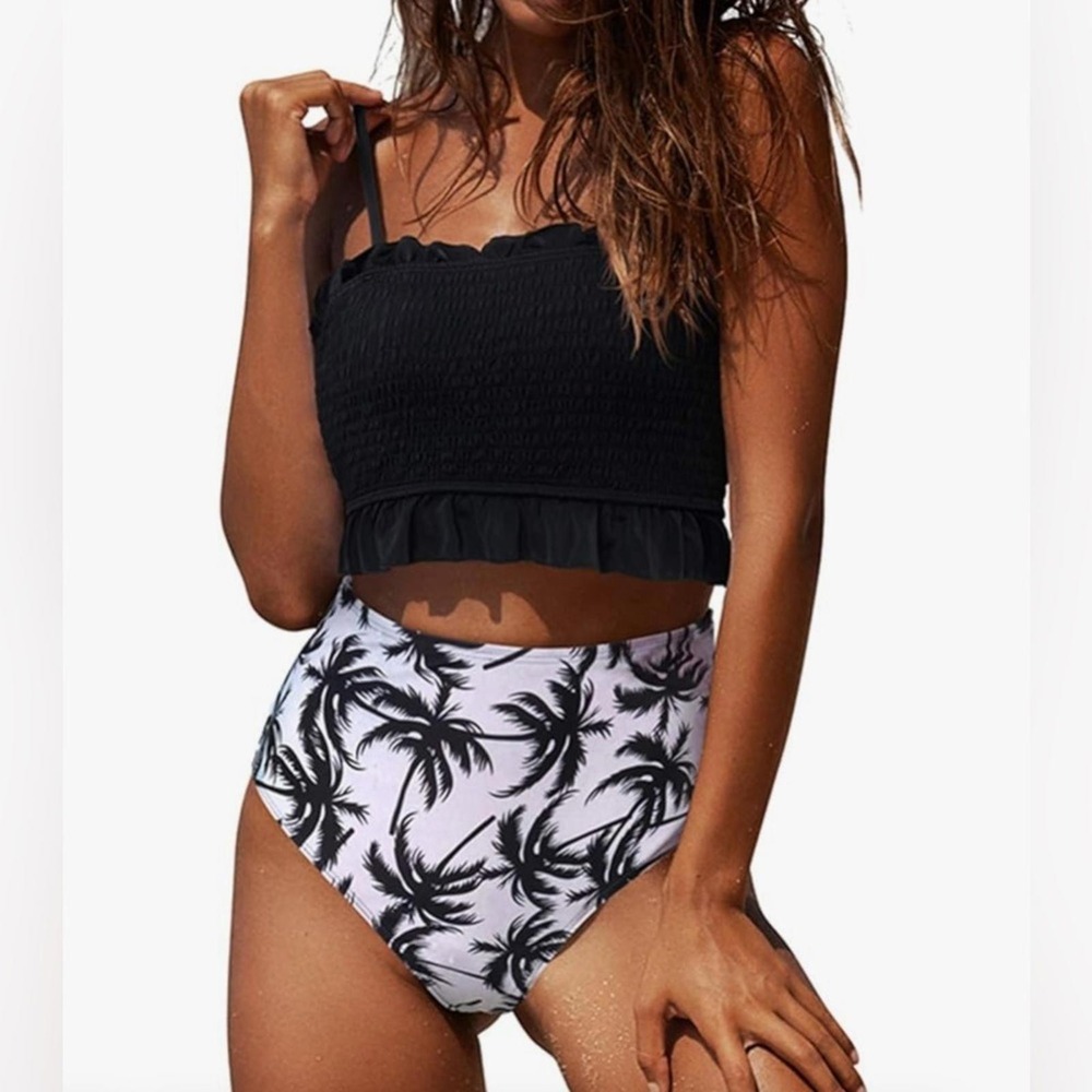 NWT Sporlike Size M Black Bandeau Top W Palm‎ Tree Print Bottom Bikini